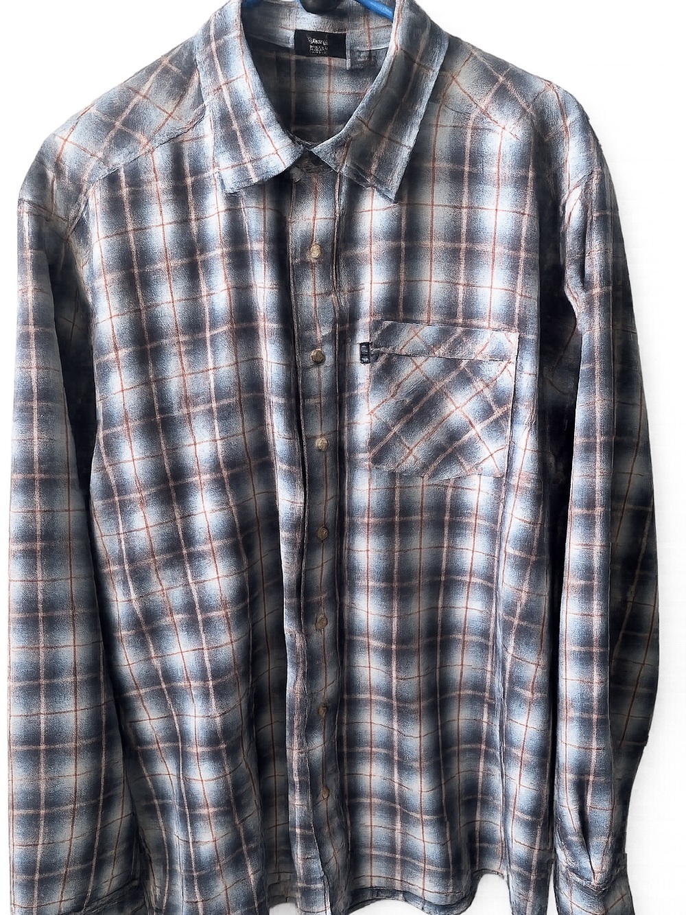 KAVU Plaid Flannel Button Front Shirt Men’s XL Blue Gray Red Long Sleeve